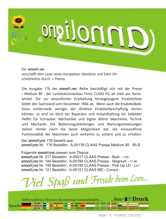 CLAAS Presse Typ Medium 80 Bild- Bedienungsanleitung & Bild- Ersatzteilliste & Explosionszeichnungen  - annoligno 176 -